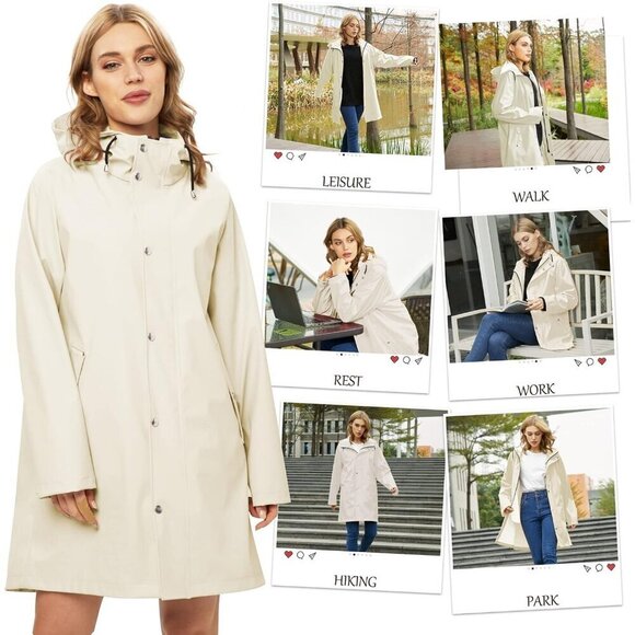 Women’s Upgrade-beige Waterproof Rain Jackets Hooded Long & Raincoat Windbreaker - Picture 5 of 5